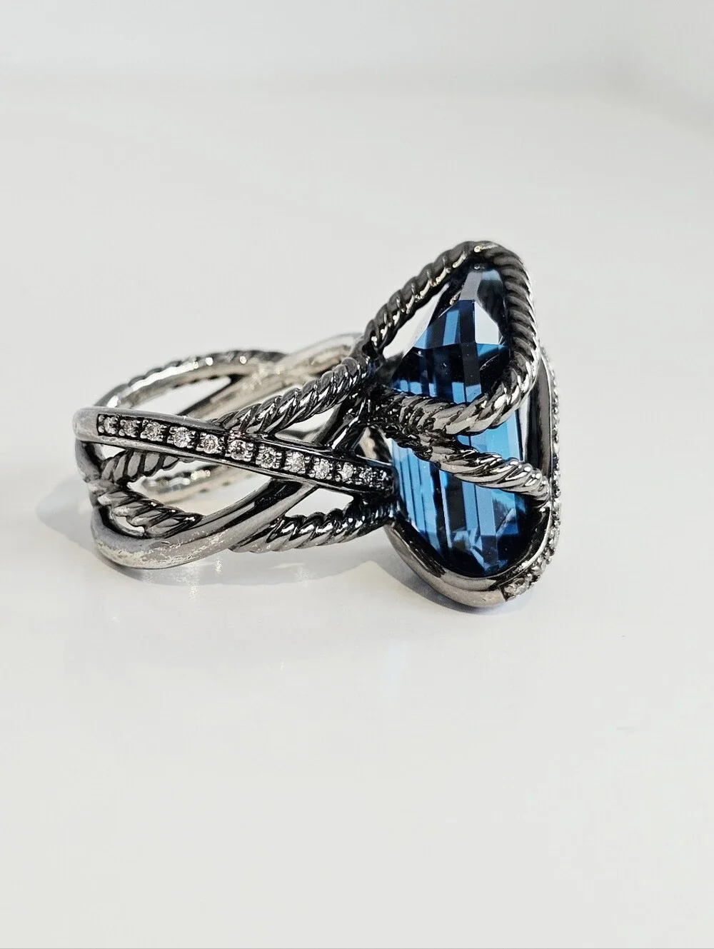 David Yurman 20x15 Hampton Blue Topaz & Diamond Blackened Silver Cable Wrap Ring